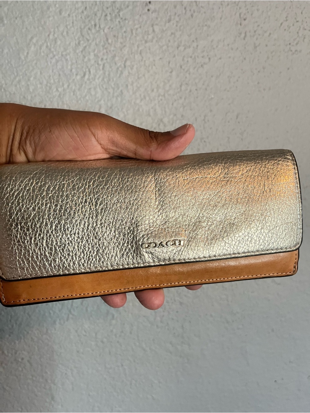 Coach Metallic Gold and Tan Leather Long Wallet